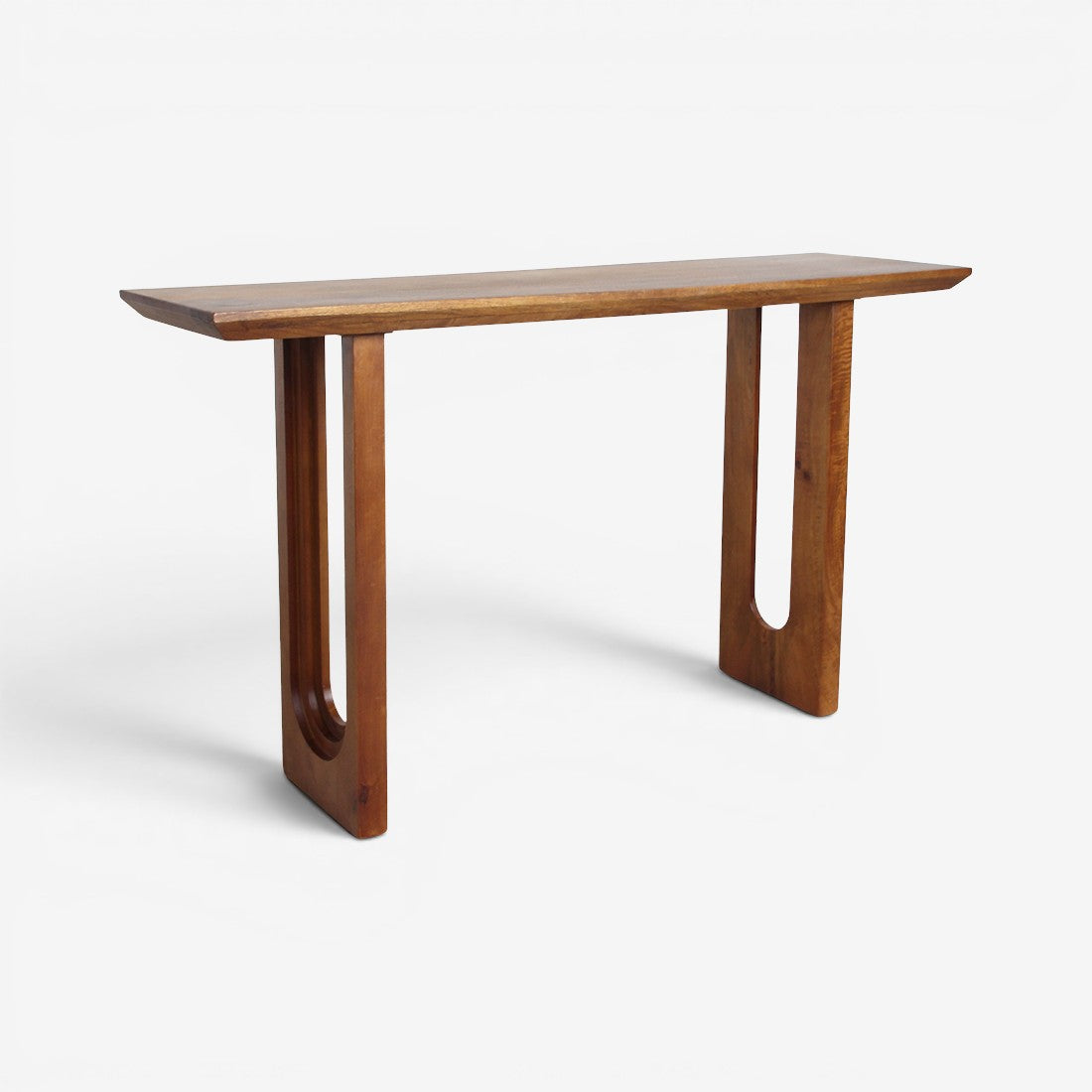 Kayu Living solid mango wood console table with bullnose chamfered edges and unique U-shaped leg design.