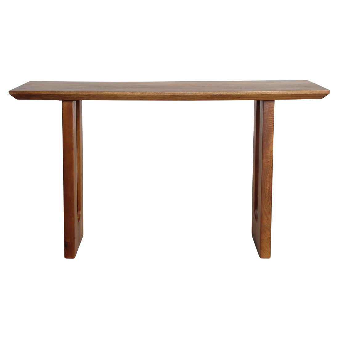 Kayu Living solid mango wood console table with chamfered edges and natural grain in a warm brown finish.