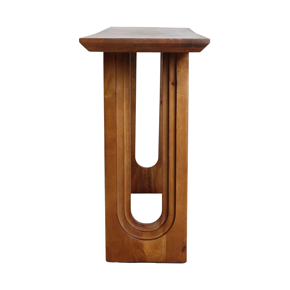 Kayu Living solid mango wood console table with bullnose chamfered edges and a unique U-shaped architectural base.