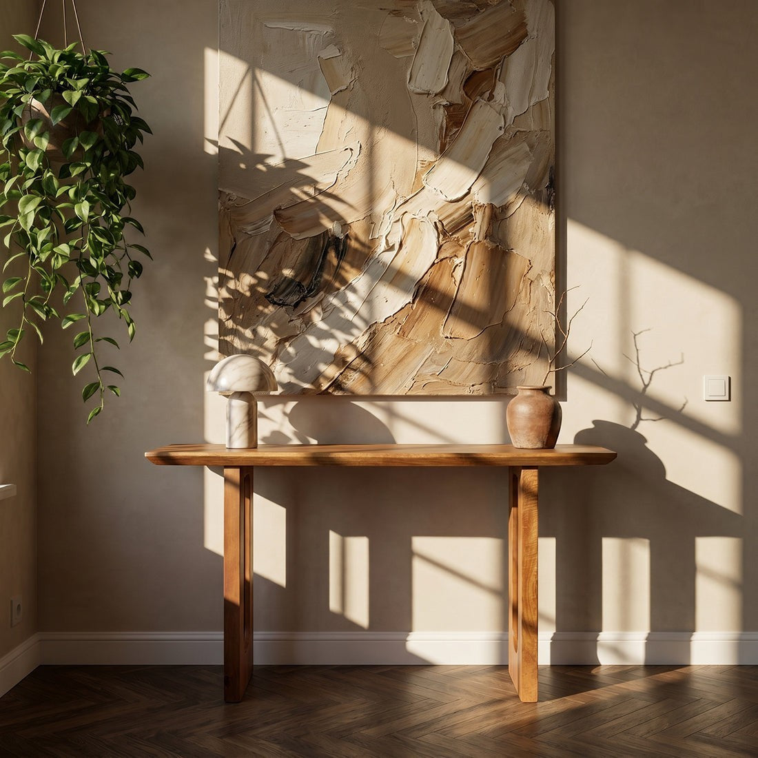 Kayu Living solid mango wood console table with chamfered edges, styled with a lamp and vase against a neutral wall.