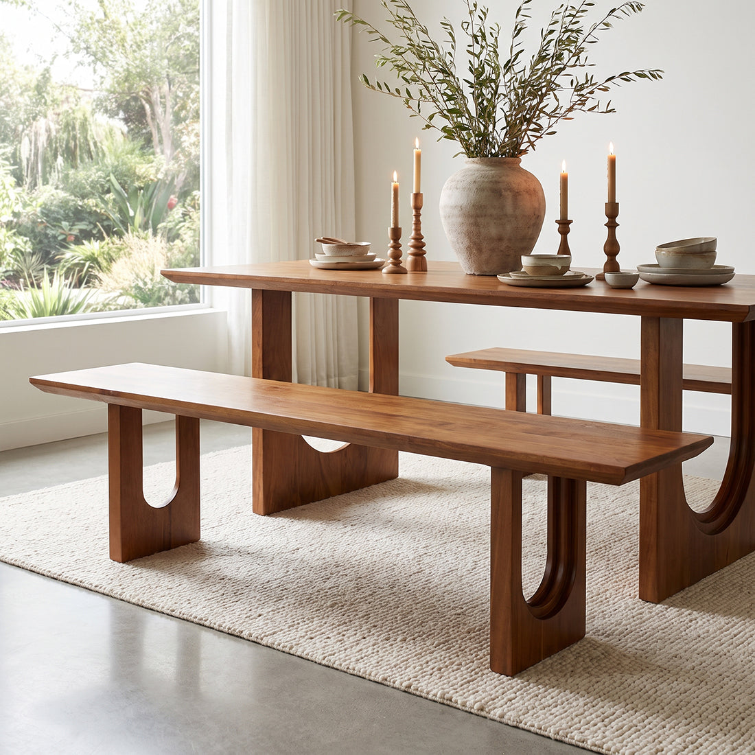 Kayu Living 180cm mango wood dining bench with bullnose chamfered edges and unique U-shaped legs in a bright room.