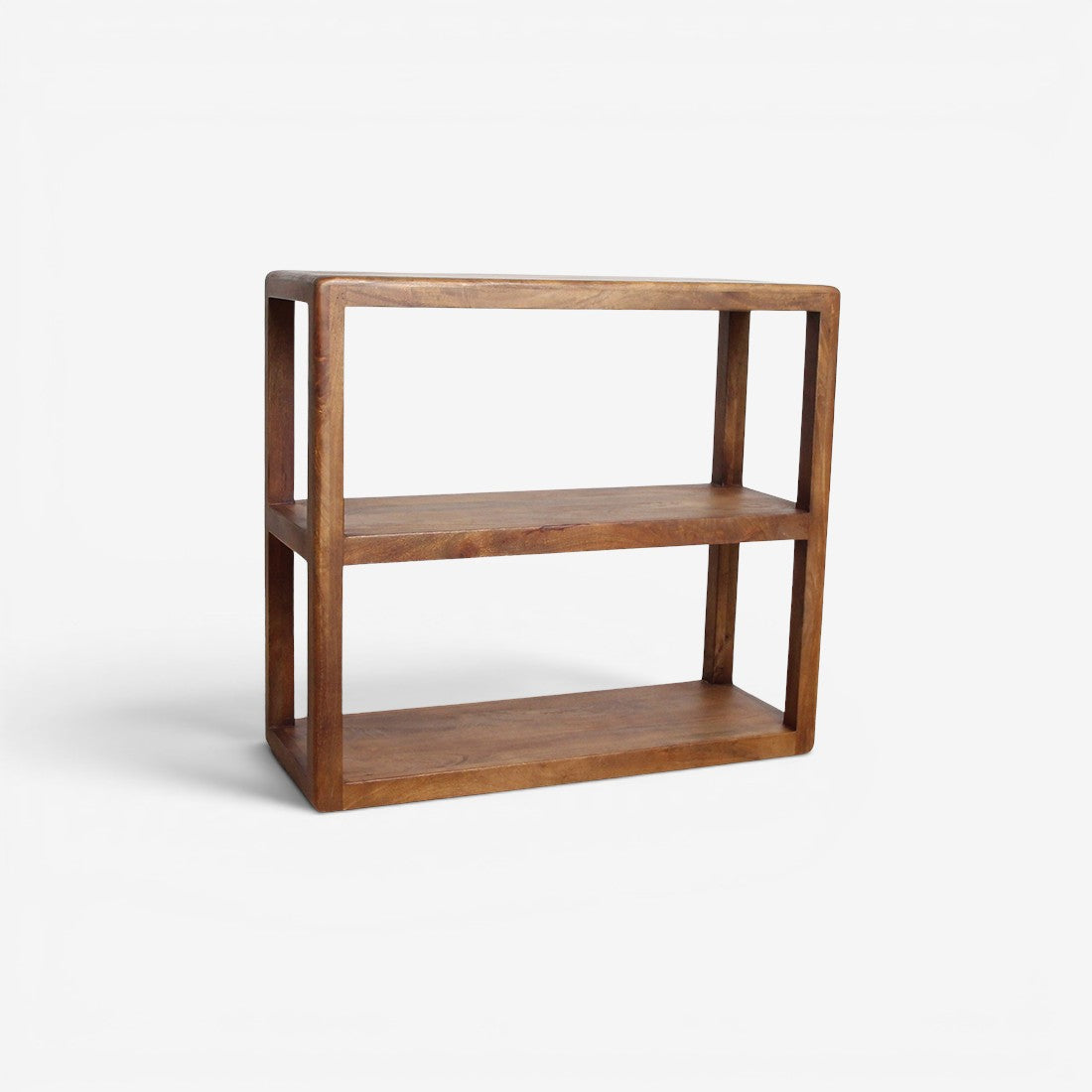 Kayu Living 3-tier bullnose mango wood rack with a natural finish, ideal for home storage and display.