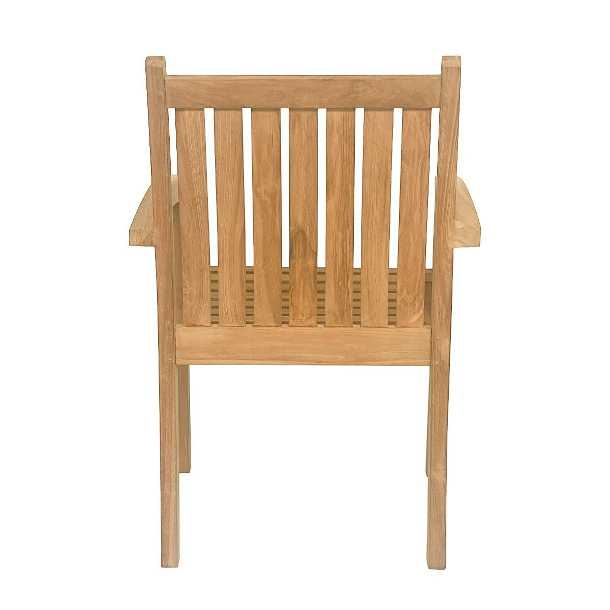 Kayu Living Marco teak wood outdoor chair with a slatted backrest, shown from a straight-on rear view.
