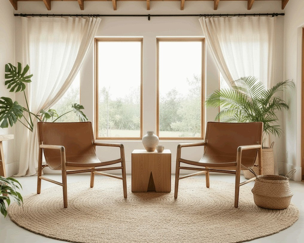 Kayu Living Marita lounge chair in cognac leather and teak wood frame. Modern armchair for living room.