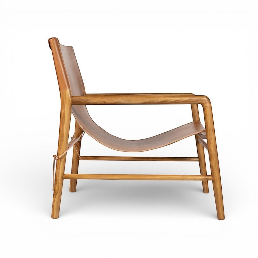 Kayu Living Marita armchair in cognac leather and teak wood, a sophisticated lounge chair for modern interiors.