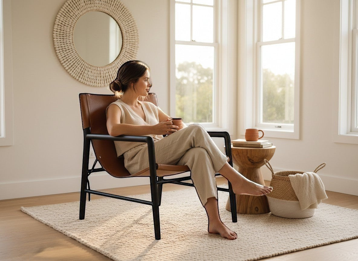 Kayu Living Marita lounge chair in dark brown leather and teak with black frame, perfect for modern interiors.