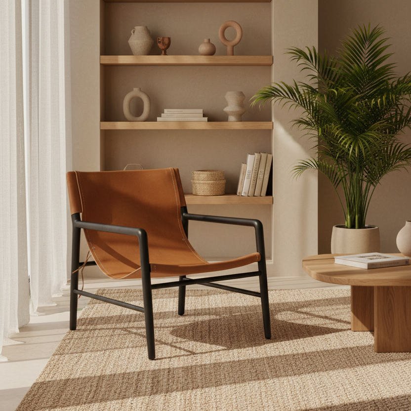 Dark brown Kayu Collection Marita lounge chair with leather upholstery, modern design, and comfortable seating.