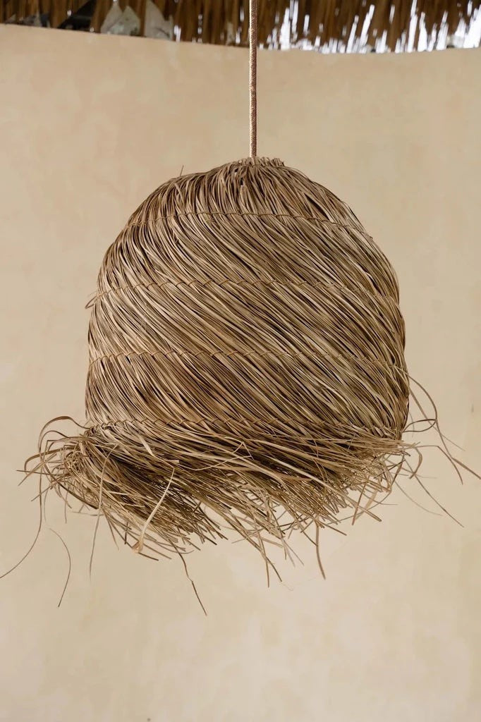 Kayu Living handwoven mendong grass pendant lamp with natural earthy tones and a cozy vibe.