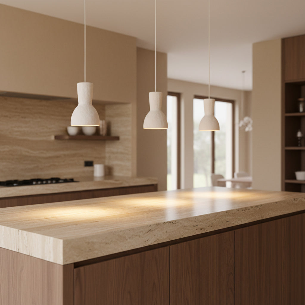 Kayu Living Moro chalk pendant lamps in sand-colored Ecomix hanging over a modern kitchen island