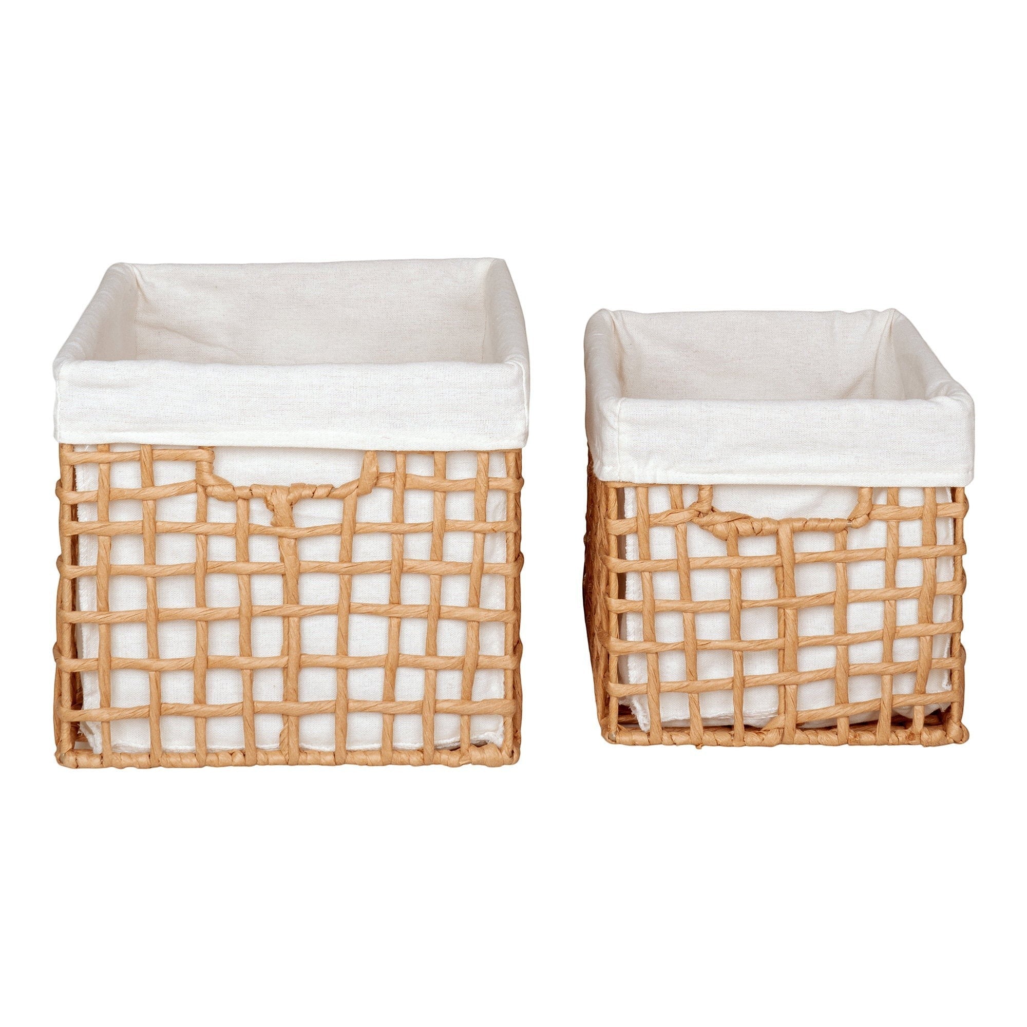 Kayu Living set of two natural paper baskets with metal frames and white fabric liners for stylish home storage.