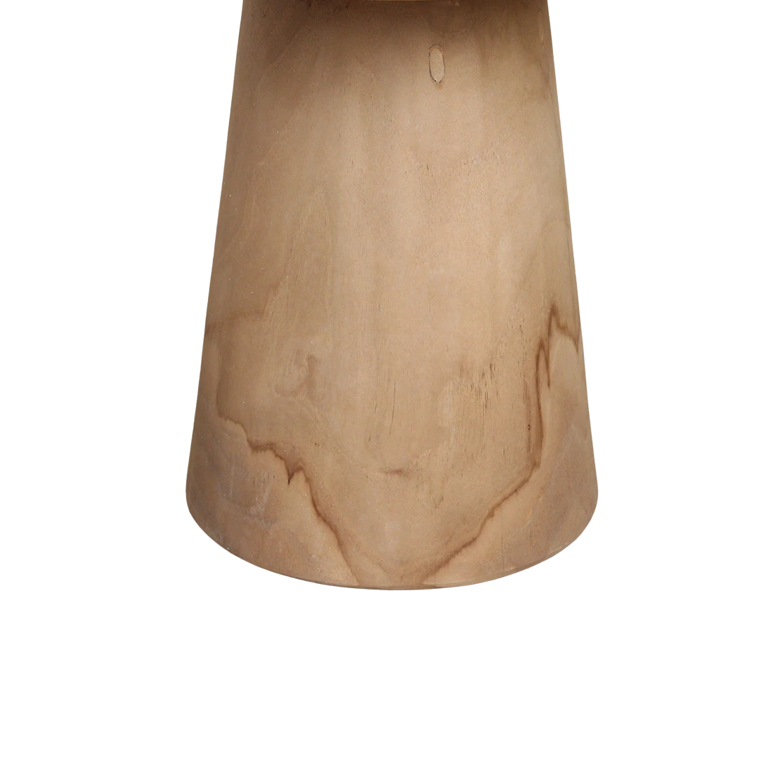 Kayu Living Nero Ray teak side table featuring a smooth, tapered cylindrical base with natural wood grain patterns.