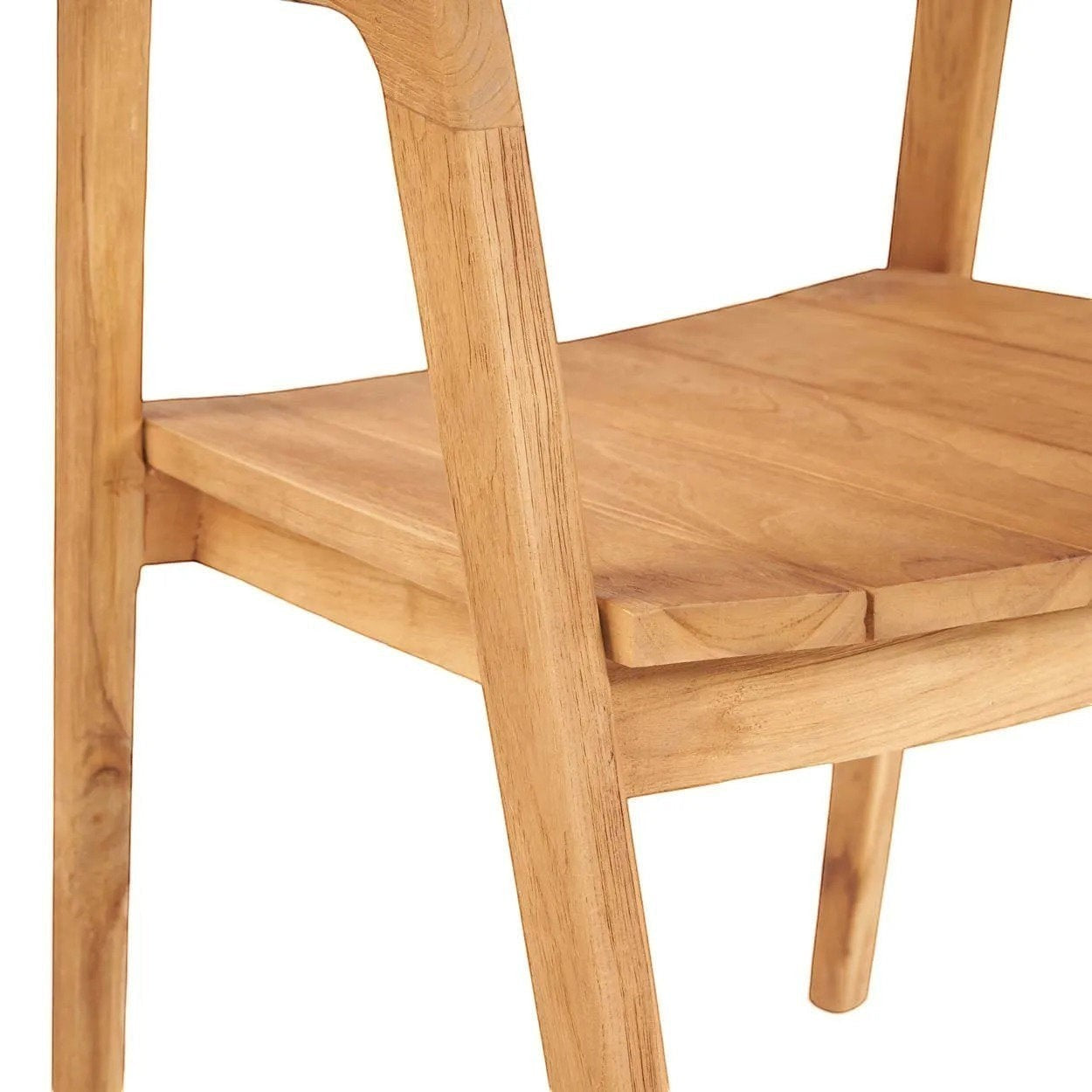Kayu Living Nihi Oka outdoor dining chair in natural teak with sculpted curved back and clean lines.