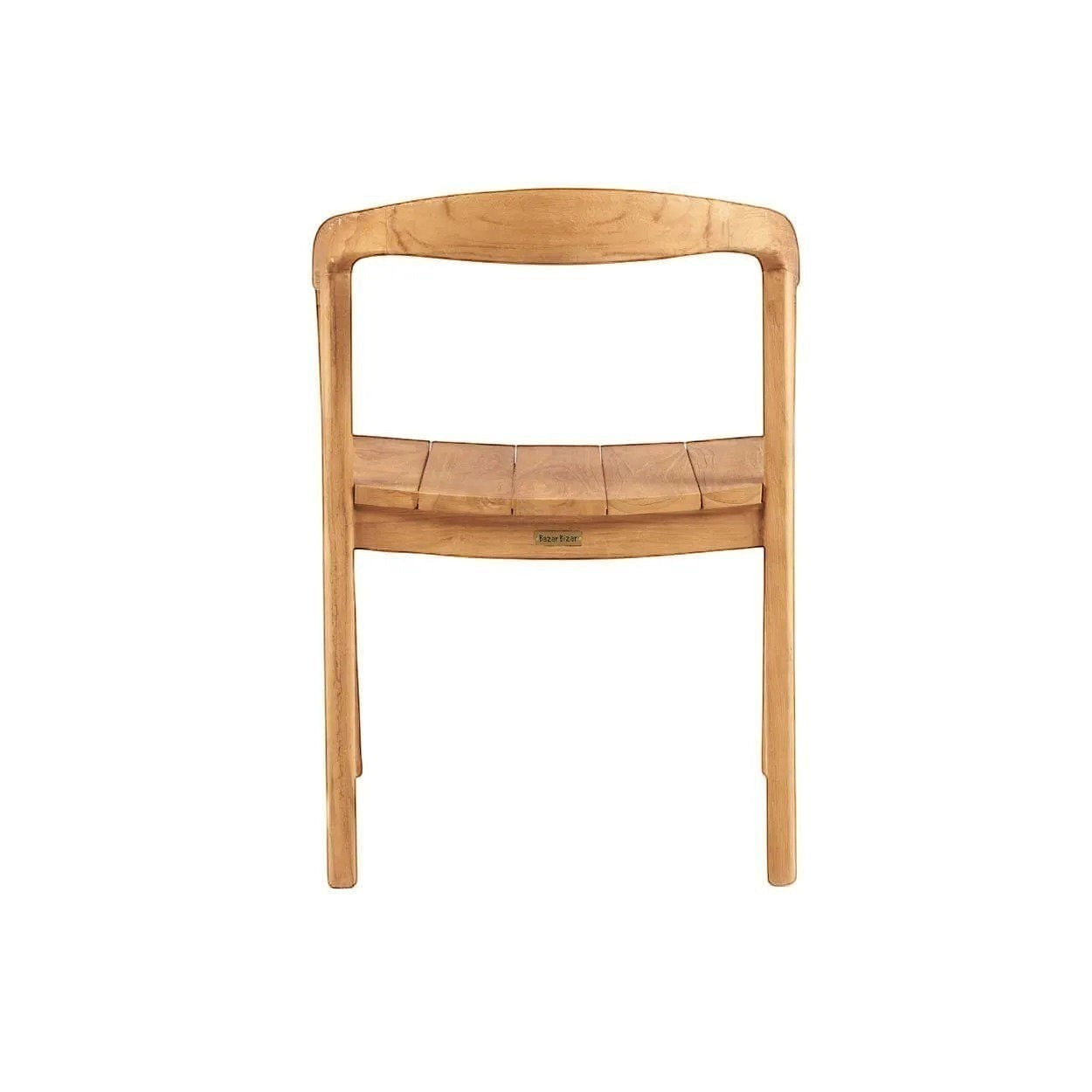 Kayu Living Nihi Oka outdoor dining chair in natural teak with a curved back and slatted seat.