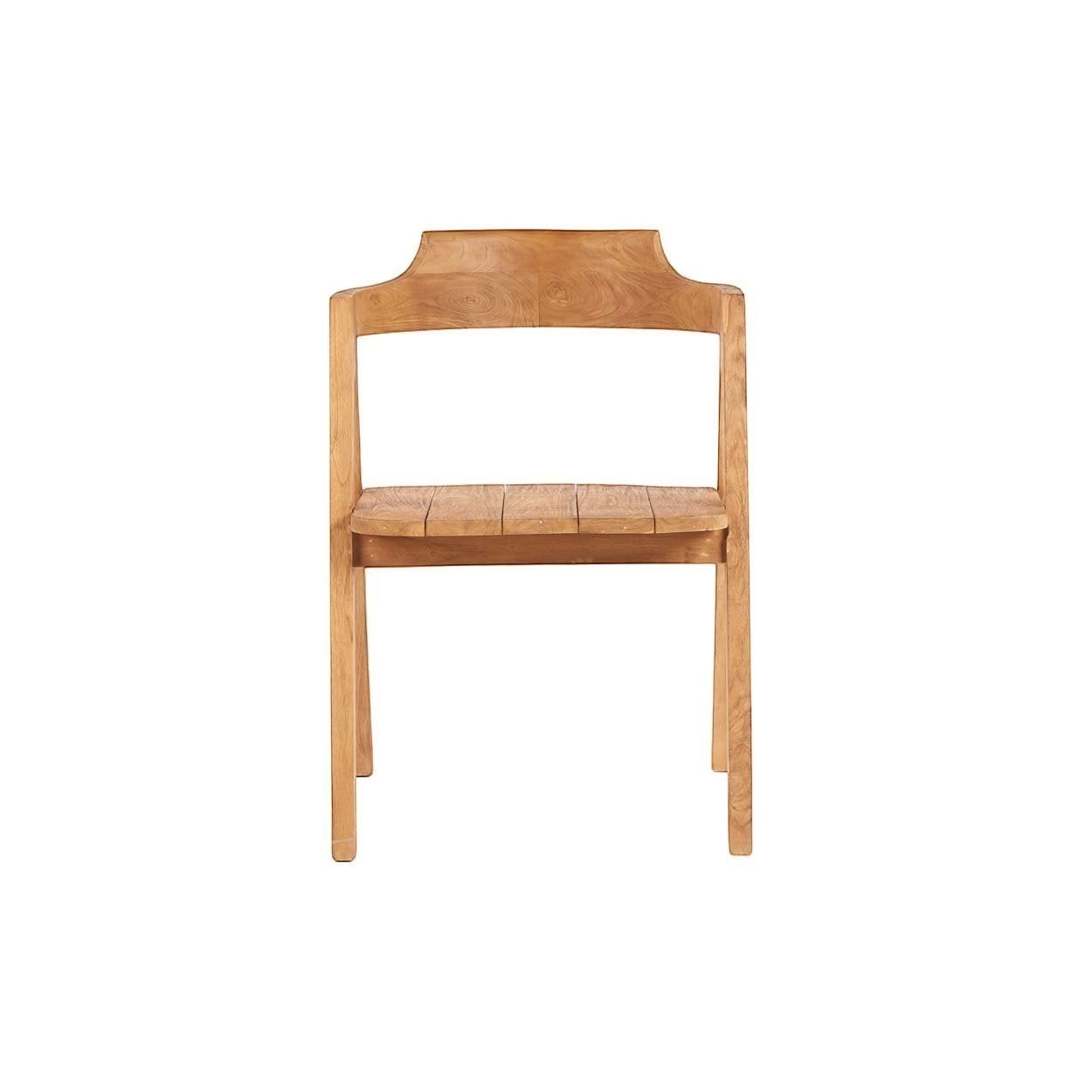 Kayu Living Nihi Sumba outdoor dining chair in natural teak with sculpted curves and slatted seat.