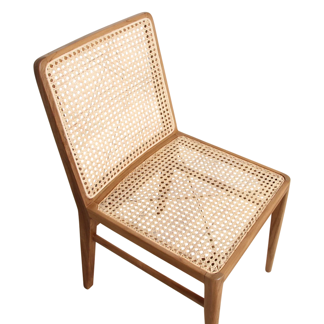 Kayu Living Nova teak dining chair with hand-woven rattan seat and backrest in a natural wood finish.