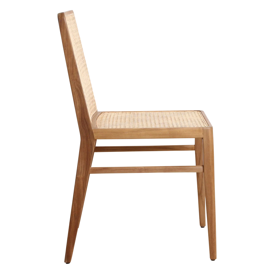 Kayu Living Nova teak dining chair with a natural wood frame and hand-woven rattan seat and backrest.