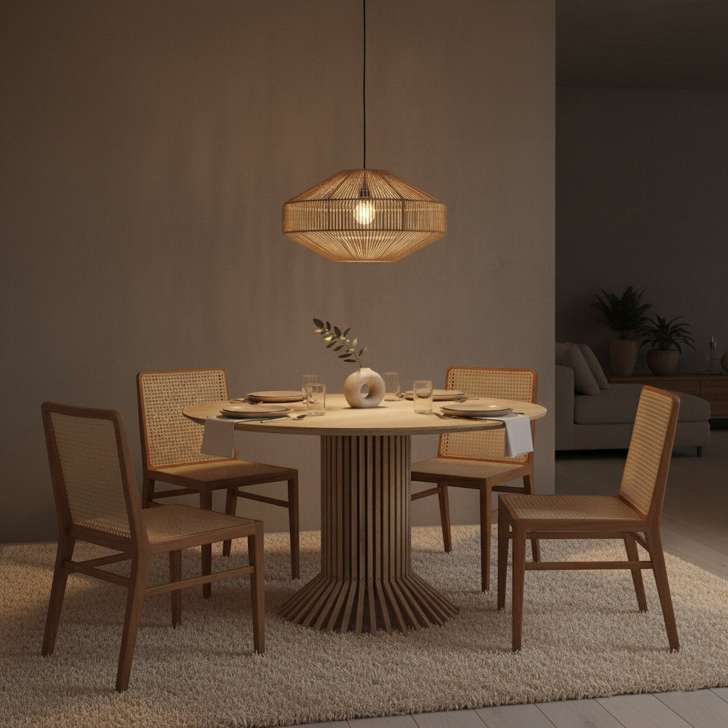 Kayu Living Nova teak dining chairs with hand-woven rattan seats and backs arranged around a round wooden table.