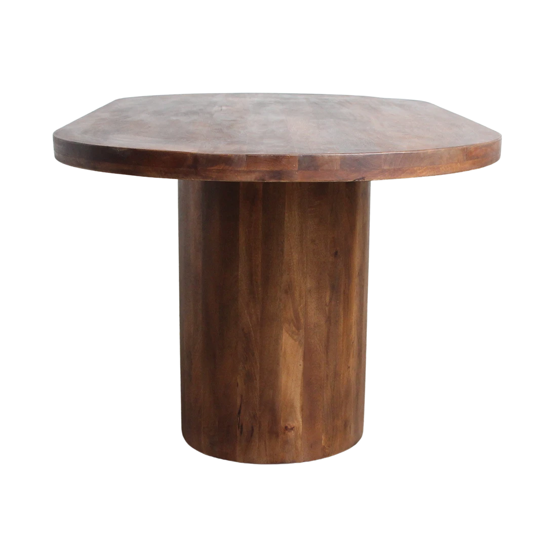Kayu Living bullnose oblong dining table in solid mango wood with a natural grain finish and sturdy central pedestal.