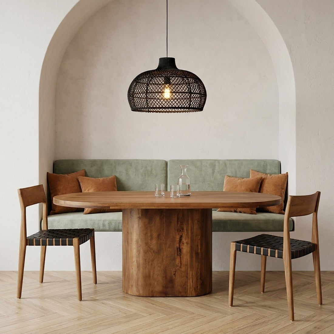 Kayu Living bullnose oblong oval dining table in solid mango wood with a sturdy central pedestal base in a dining nook