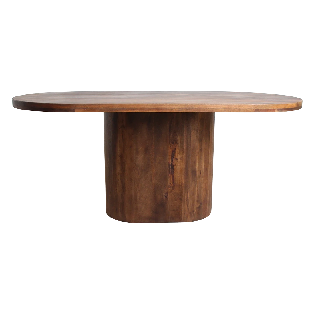 Kayu Living bullnose oblong oval dining table in solid mango wood with a sturdy central pedestal base.