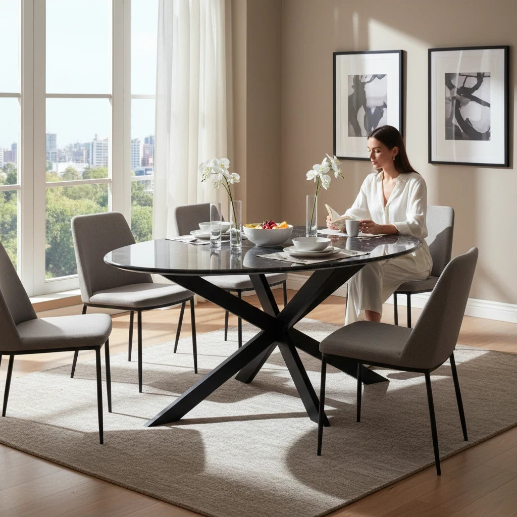 Kayu Living oval black marble dining table with steel spider base in a modern dining room with a woman reading