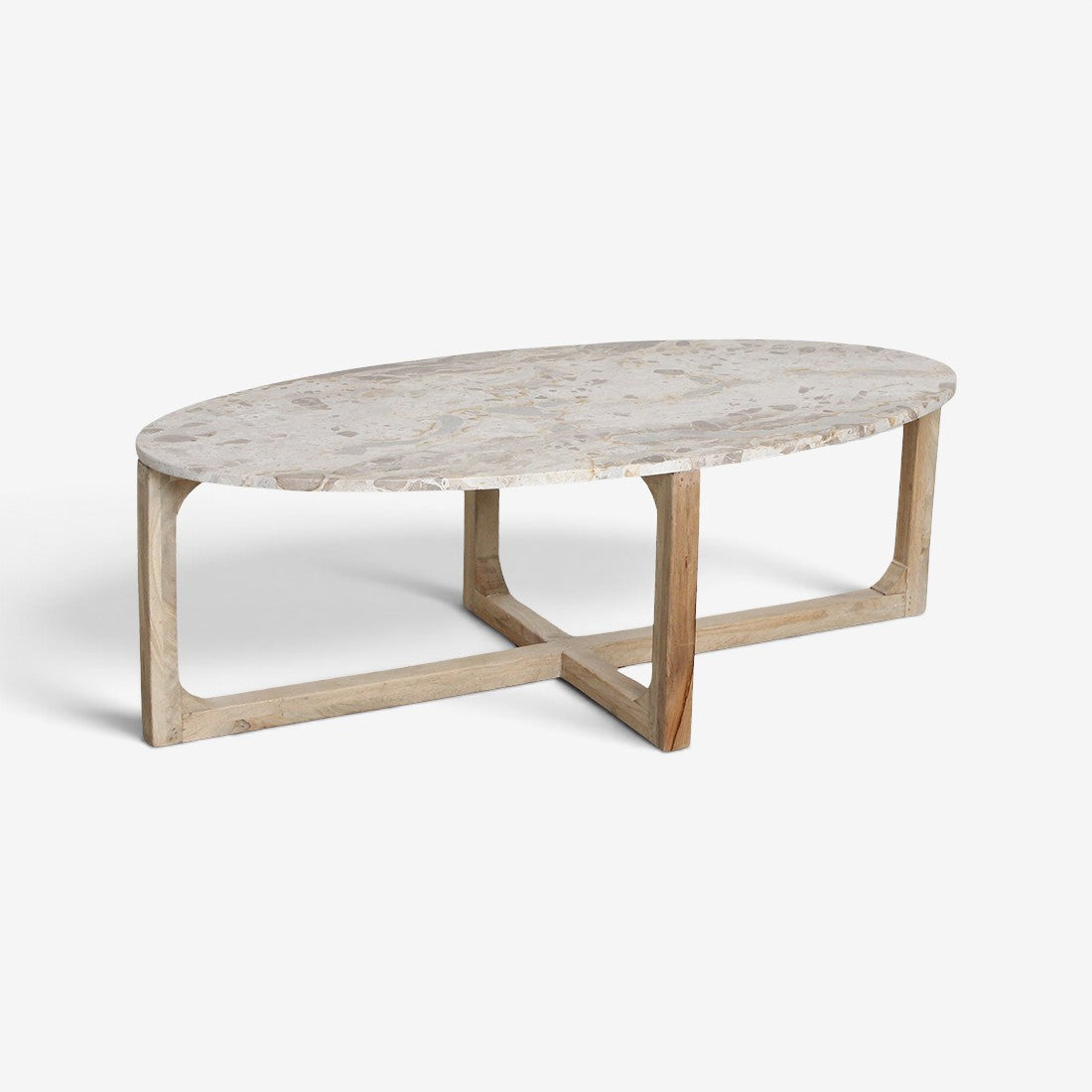Kayu Living oval coffee table with a cream marble top featuring natural veining and a sturdy mango wood base.