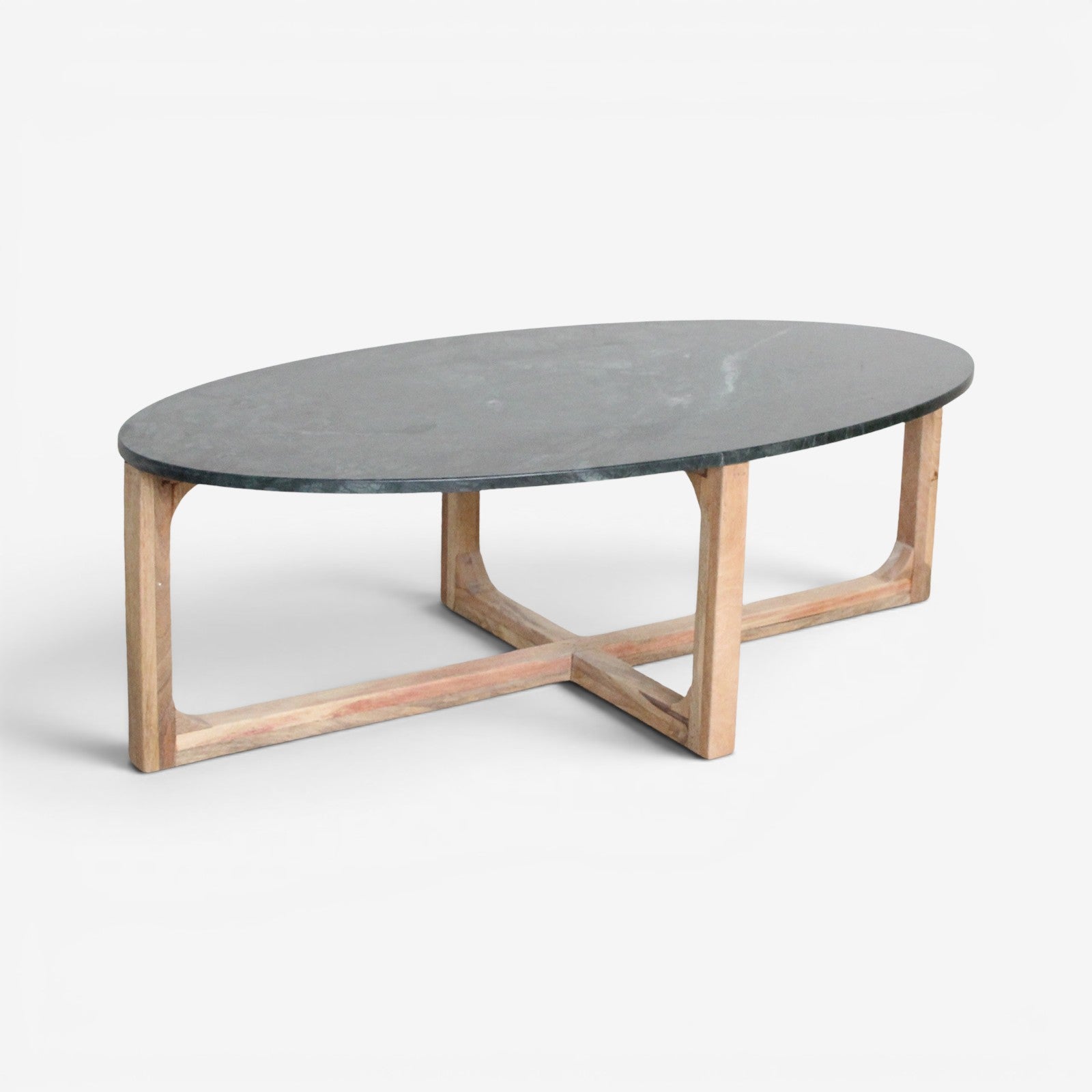Kayu Living oval coffee table featuring a green marble top and a sustainable mango-wood cross-base design.