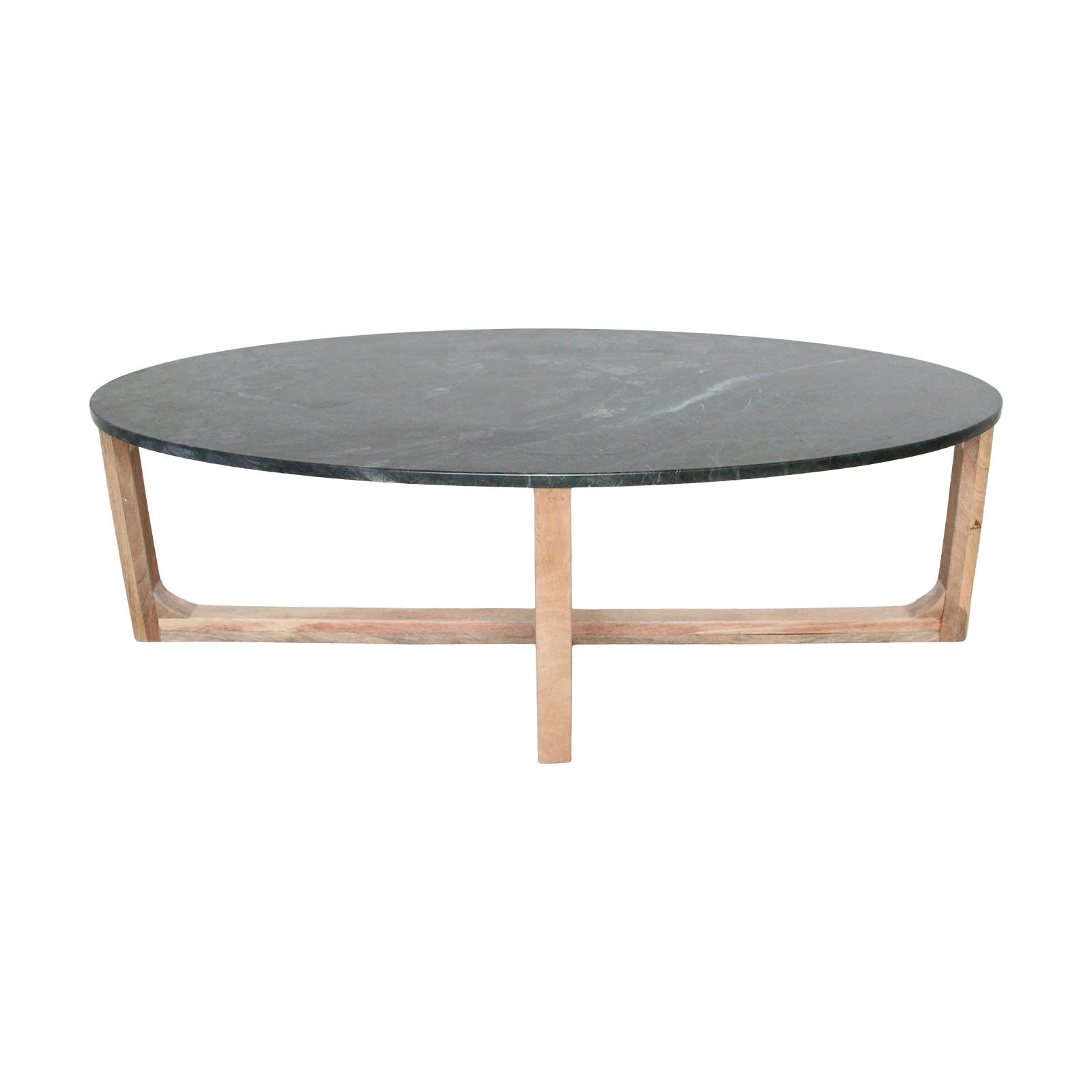 Kayu Living oval coffee table with a green marble top and a sustainable mango wood base