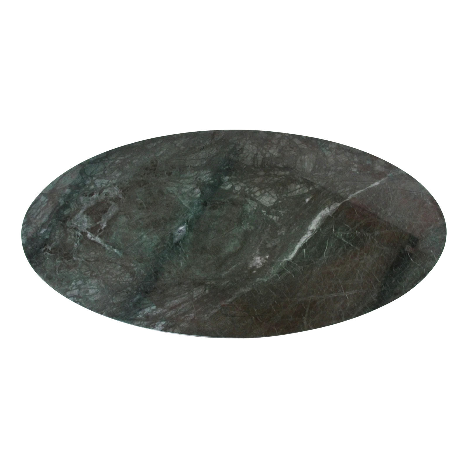 Kayu Living oval coffee table top featuring striking green marble with unique white veining on a black background.