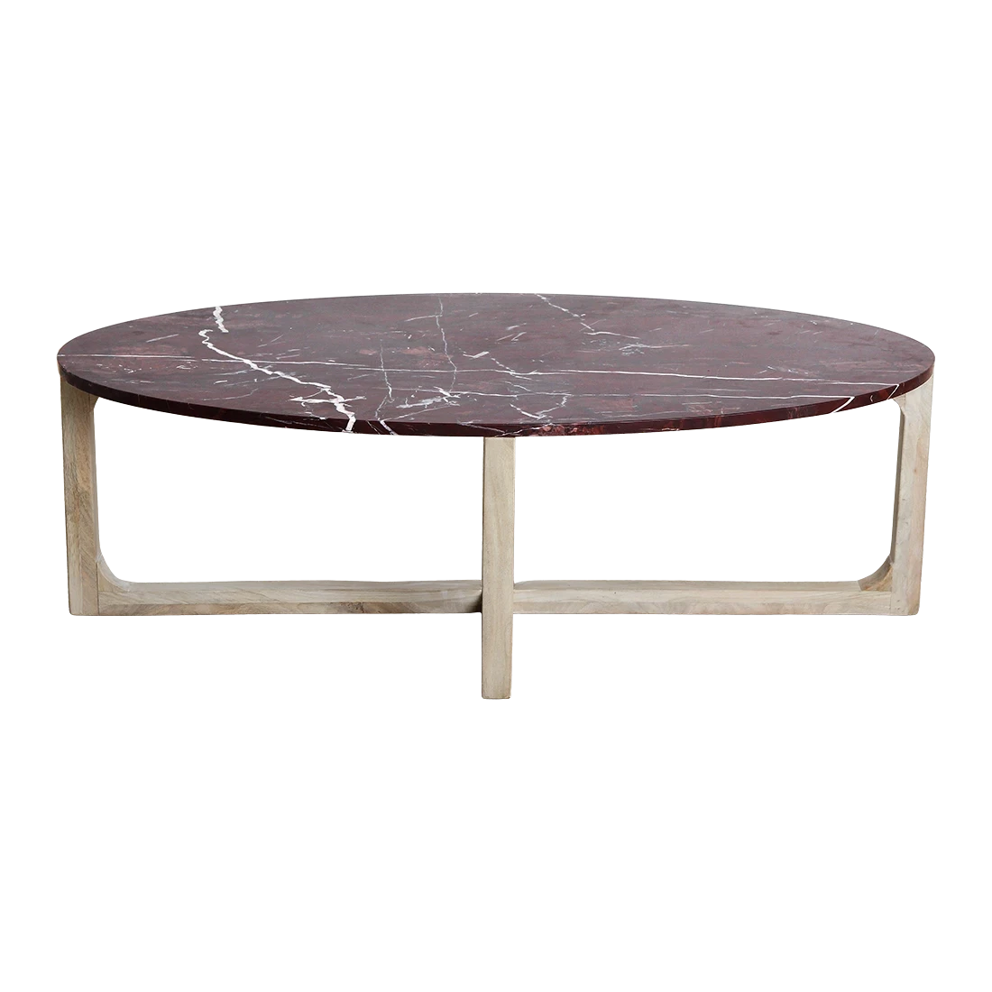 Kayu Living oval marble coffee table with bordeaux top and white veining on a natural mango wood base. 120x60x38 cm.