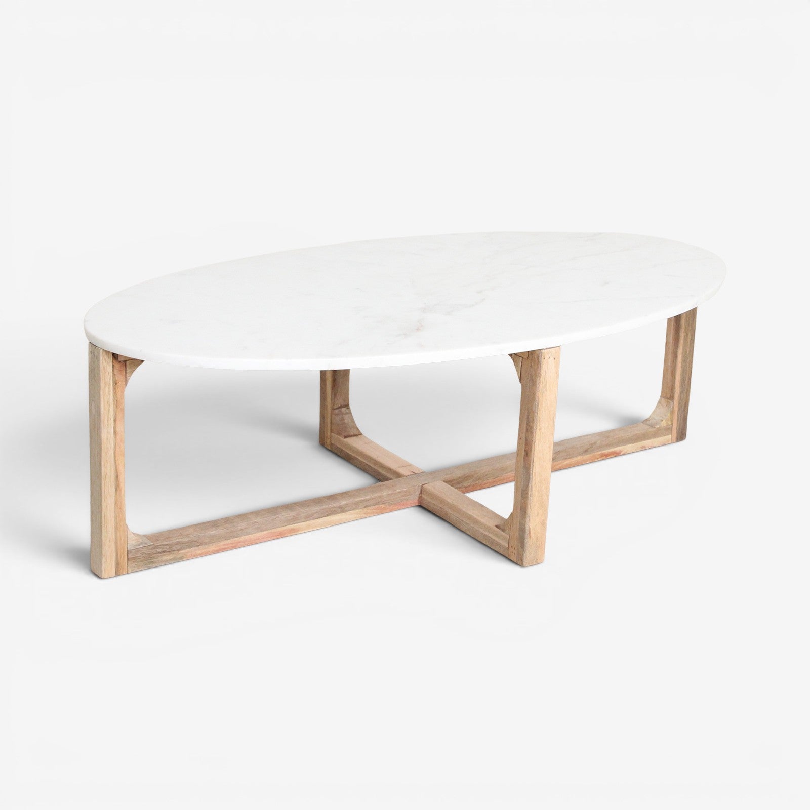 Kayu Living oval coffee table with a white marble top and a natural sustainably sourced mango wood cross base.