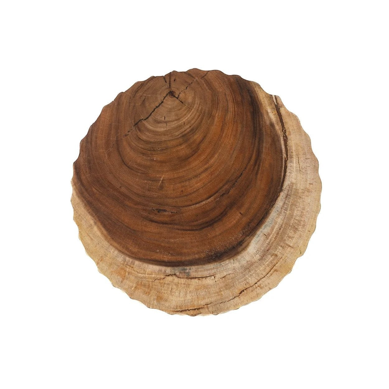 Kayu Living Paramo Stool featuring a natural round suar wood top with visible grain patterns on a white background.