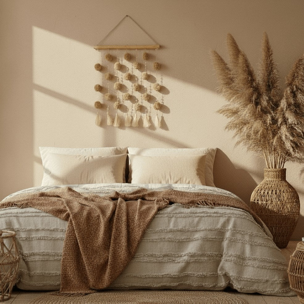 Kayu Living natural pom pom wall hanging with tassels, boho bedroom decor.