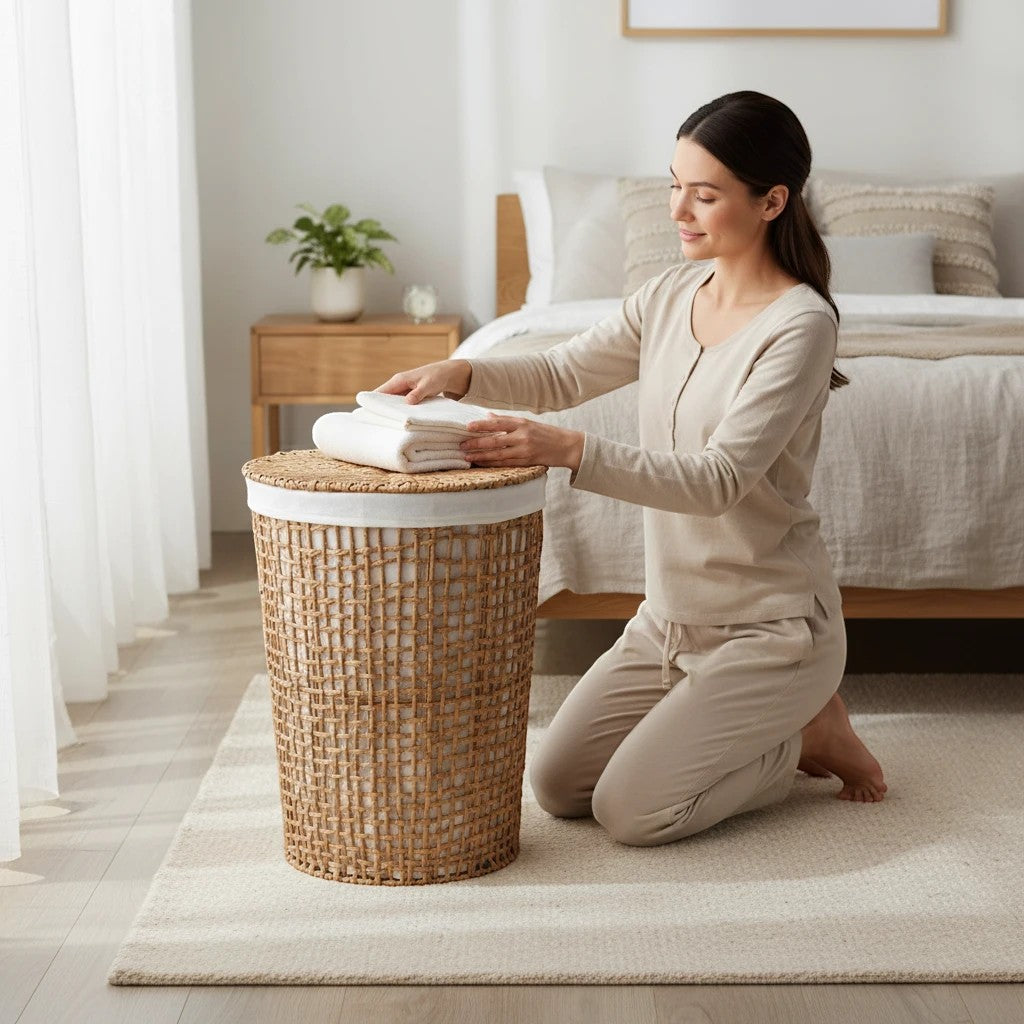 Kayu Living Pomal laundry basket with natural paper weave and white liner in a bright, modern bedroom setting.
