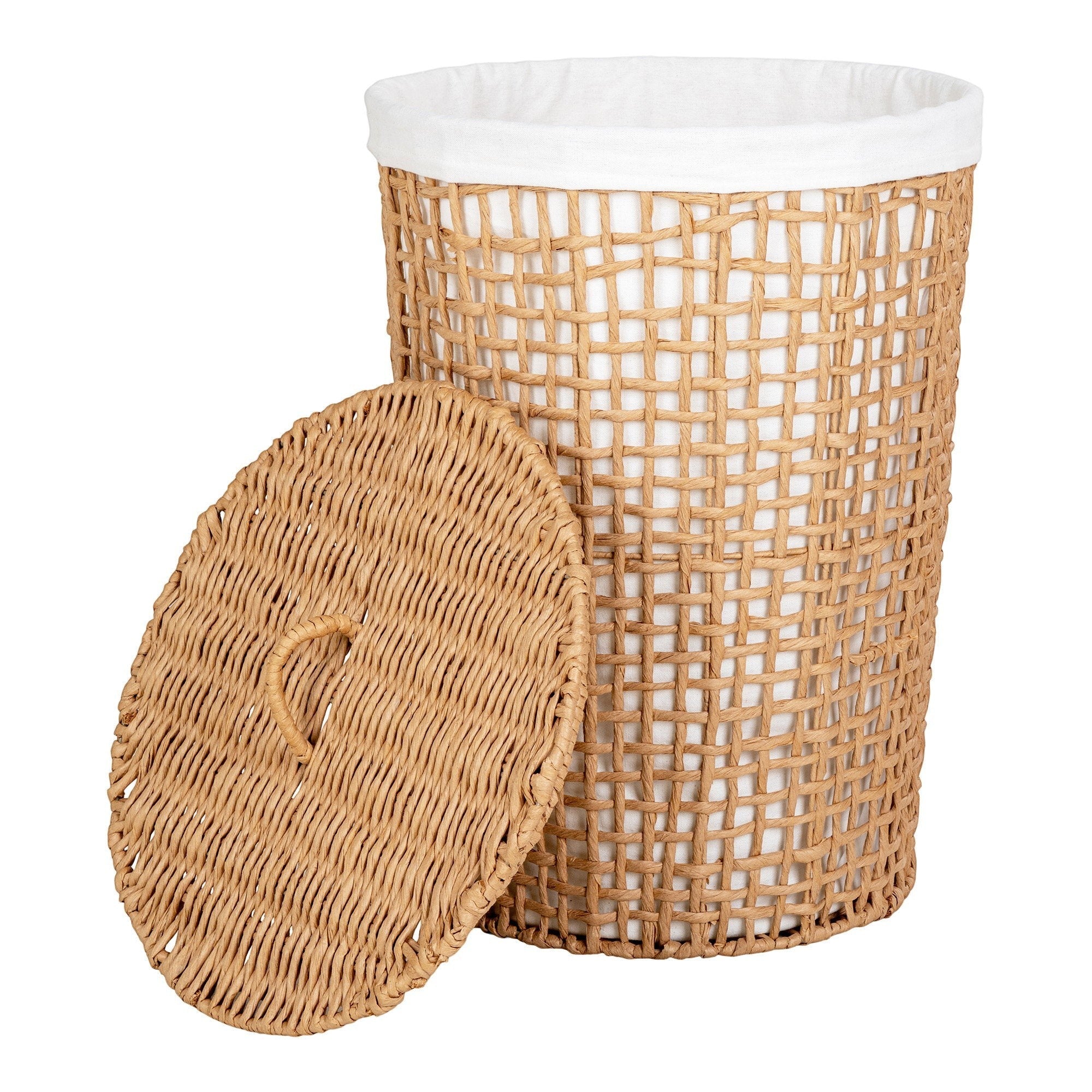 Kayu Living Pomal laundry basket with natural paper weave, white cotton liner, and matching lid on a white background.