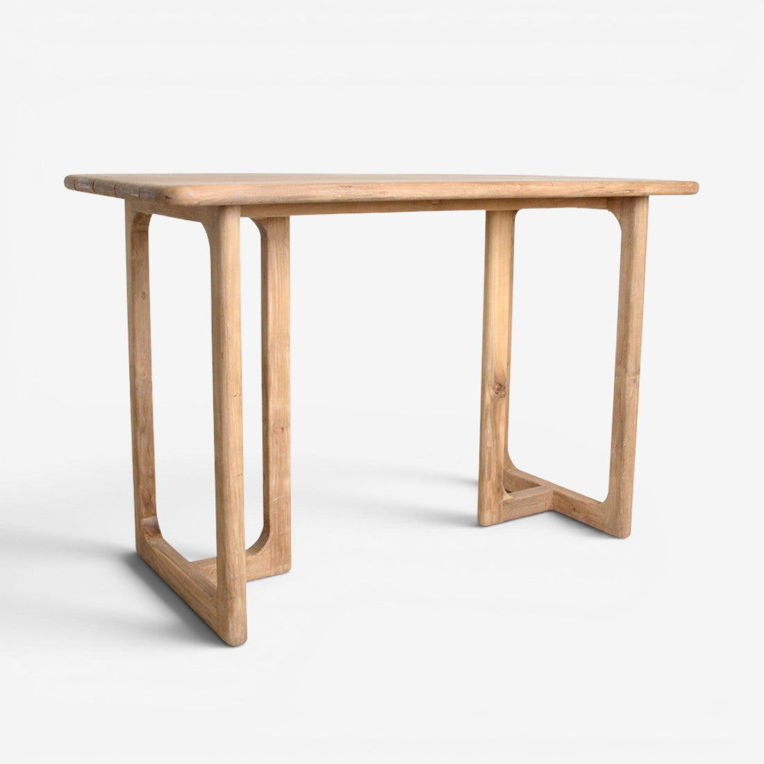 Kayu Living Primavera high bar table made from sustainable FSC recycled teak with a rounded top and U-shaped legs.