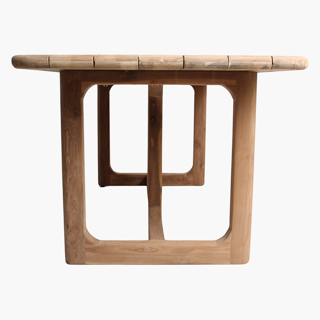 Kayu Living Primavera 240cm garden table in recycled teak with rounded edges and organic U-shaped legs.