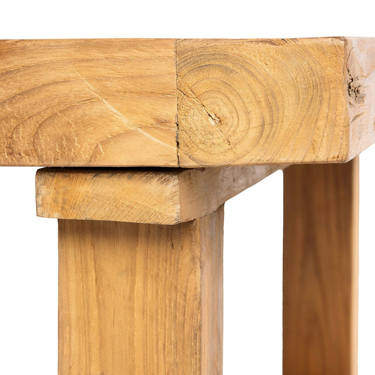 Kayu Living reclaimed teak coffee table with a natural wood grain finish and sturdy joinery detail.