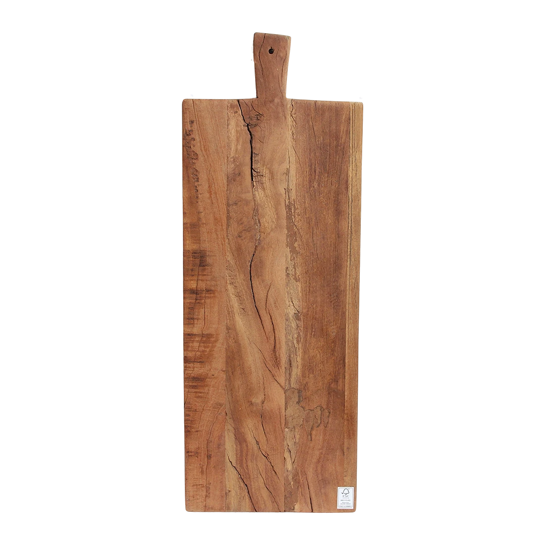 Kayu Living 60 cm reclaimed wood charcuterie board with natural grain, knots, and a sturdy serving handle.