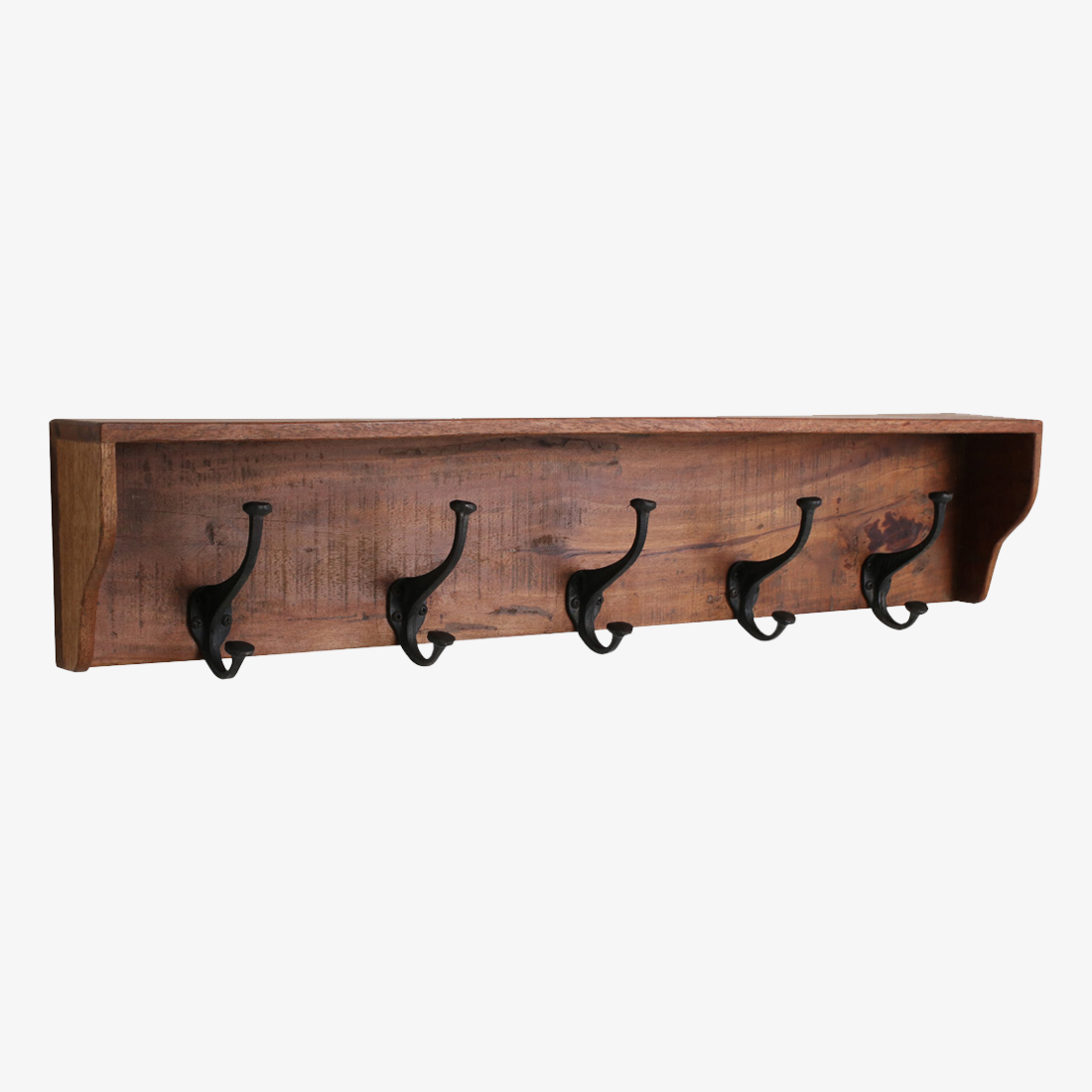 Kayu Living Factory wall coat rack in reclaimed wood with five black metal double hooks and a top shelf