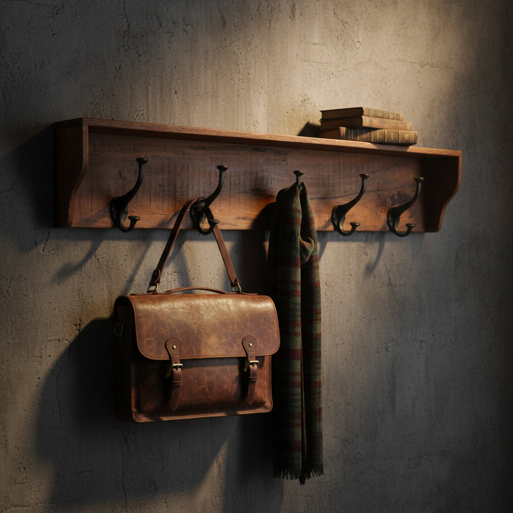 Kayu Living Factory wall coat rack in reclaimed wood with five black hooks and a top shelf on a concrete wall.