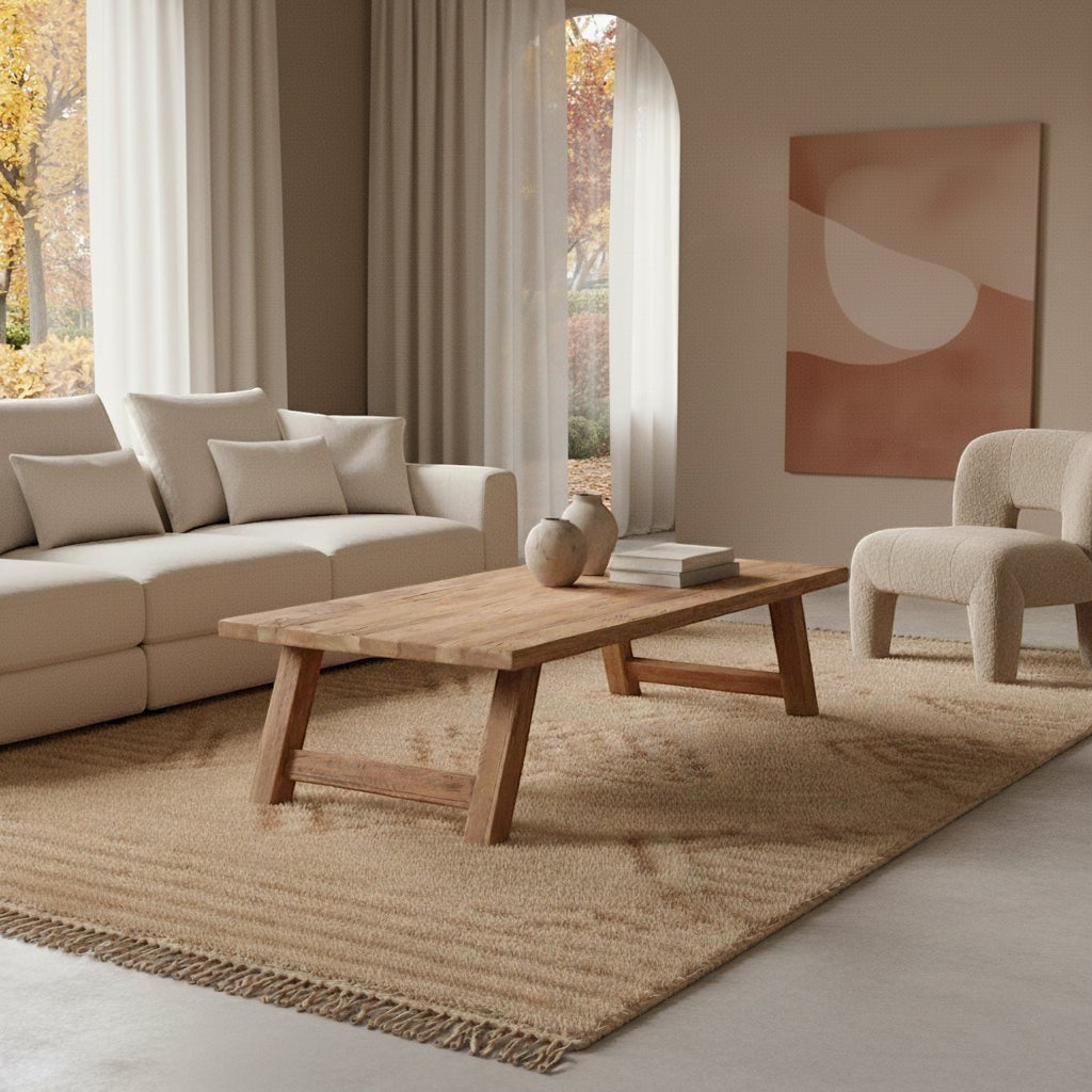 Kayu Living rectangular farmhouse coffee table made from rustic FSC-recycled wood in a modern neutral living room.