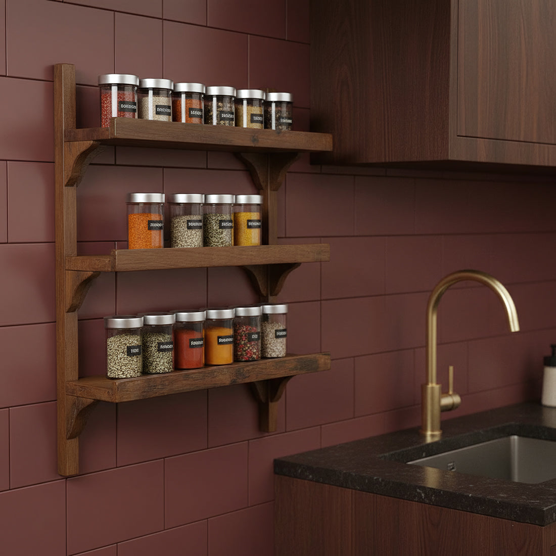 Kayu Living three-tier industrial wall shelf made from reclaimed FSC-recycled wood holding spice jars in a kitchen.