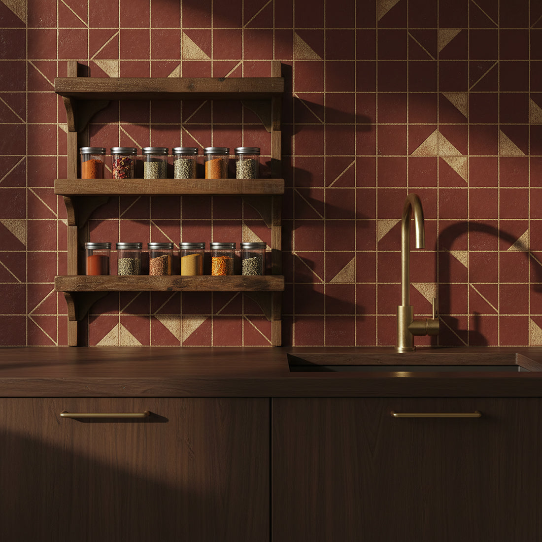 Kayu Living industrial wall shelf with three tiers of reclaimed wood holding spice jars in a modern kitchen