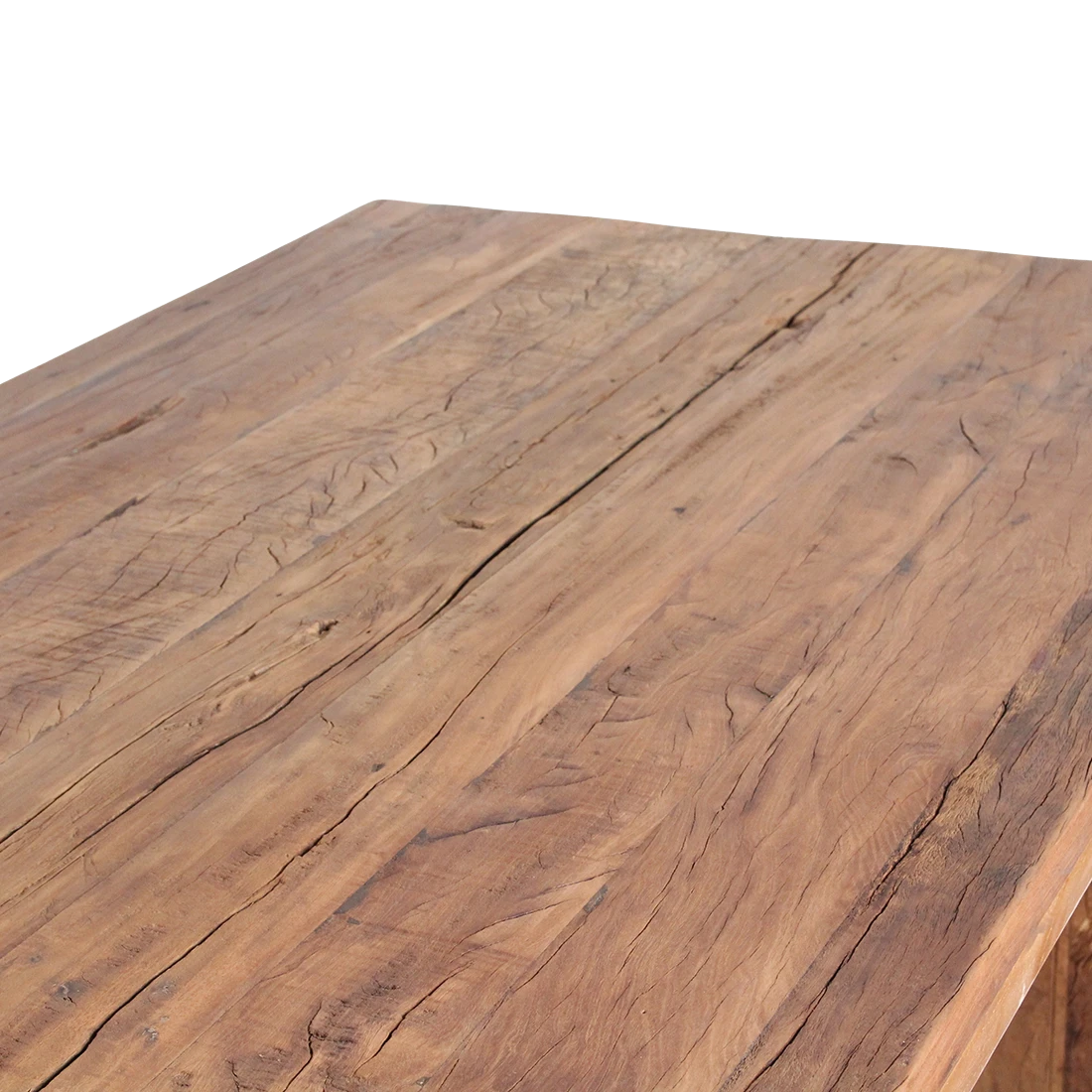 Kayu Living Farmwood waterfall dining table surface showing reclaimed timber grain, knots, and weathered wood texture.