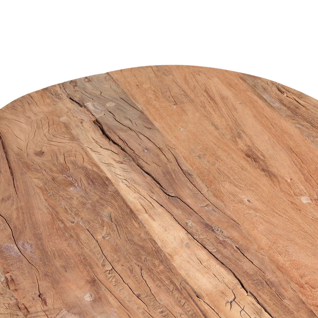 Close-up of a Kayu Living round coffee table surface showing natural grain, knots, and cracks in reclaimed brown wood.