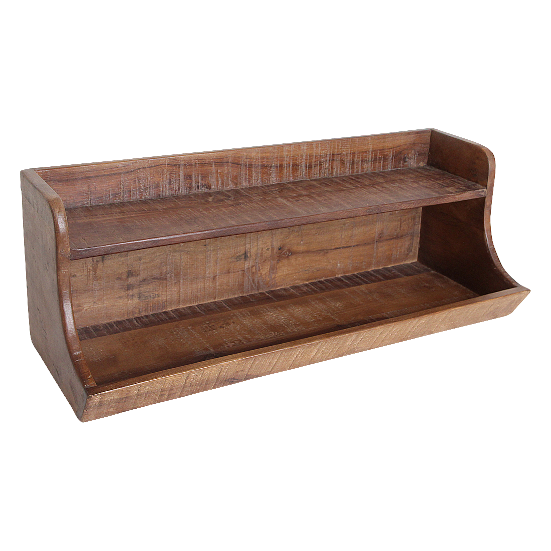 Kayu Living two-tier wall storage shelf made from dark reclaimed FSC-recycled wood with a rustic patina finish.
