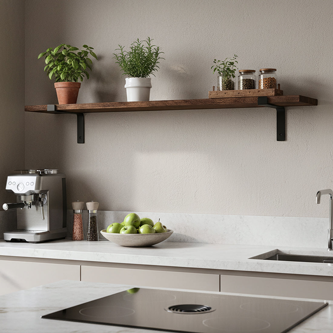 Kayu Living 120cm industrial wall shelf made of dark reclaimed FSC-recycled wood with sturdy black metal brackets.