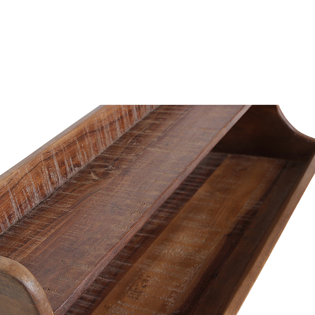 Kayu Living two-tier wall shelf made from dark reclaimed FSC-recycled wood with a rustic patina finish.
