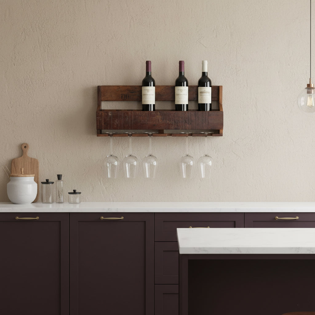 Kayu Living industrial wall-mounted wine rack made from reclaimed FSC-recycled wood with hanging glass storage